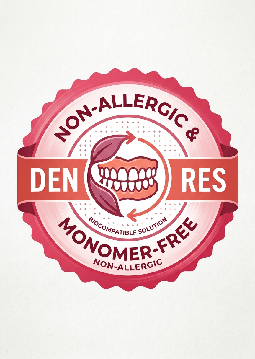 Dental product allergy-safe certification seal Seal with text non-allergic and monomer-free featuring dentures and leaves